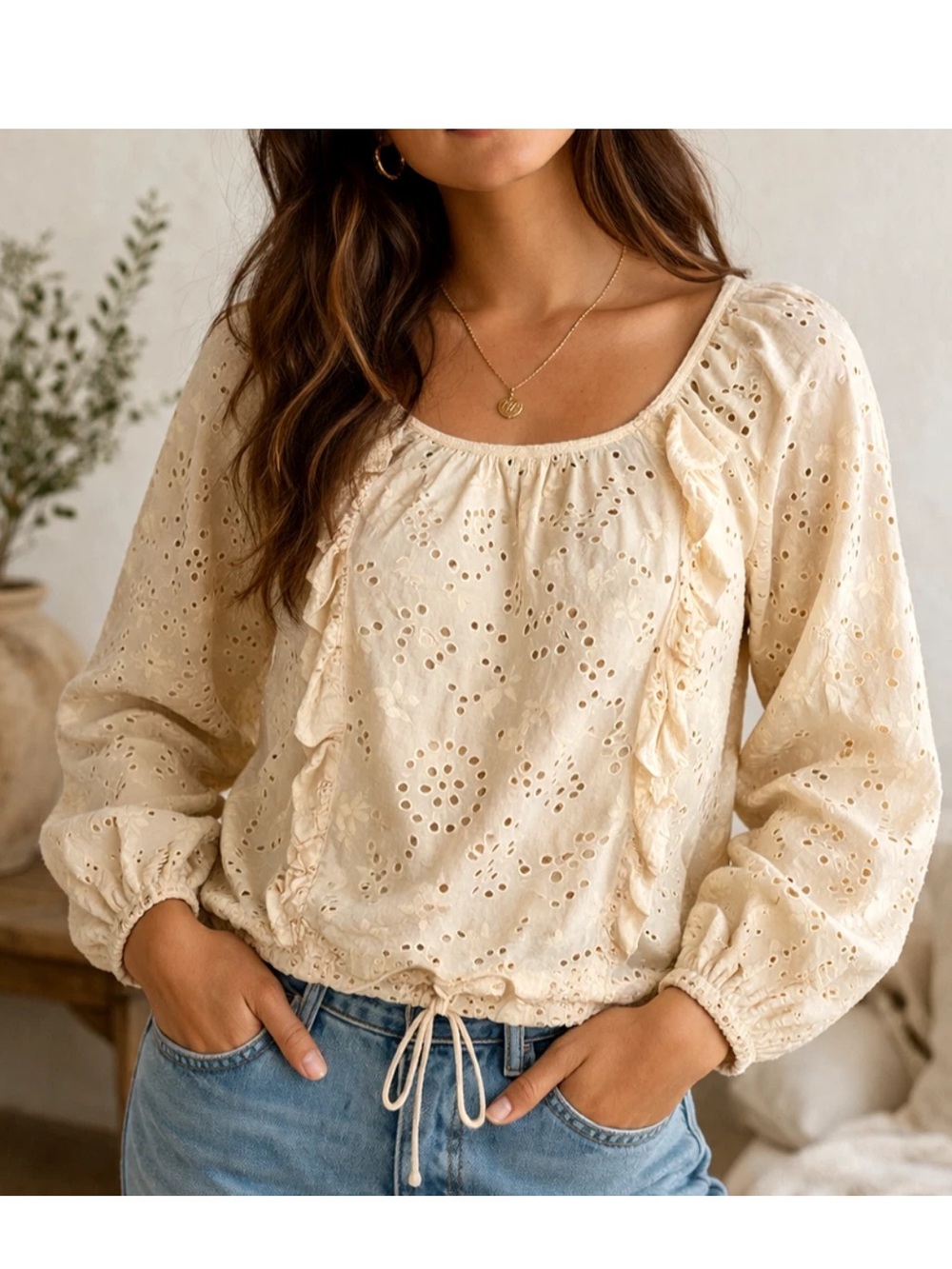 Joie Cream Eyelet Ruffle Peasant Blouse
